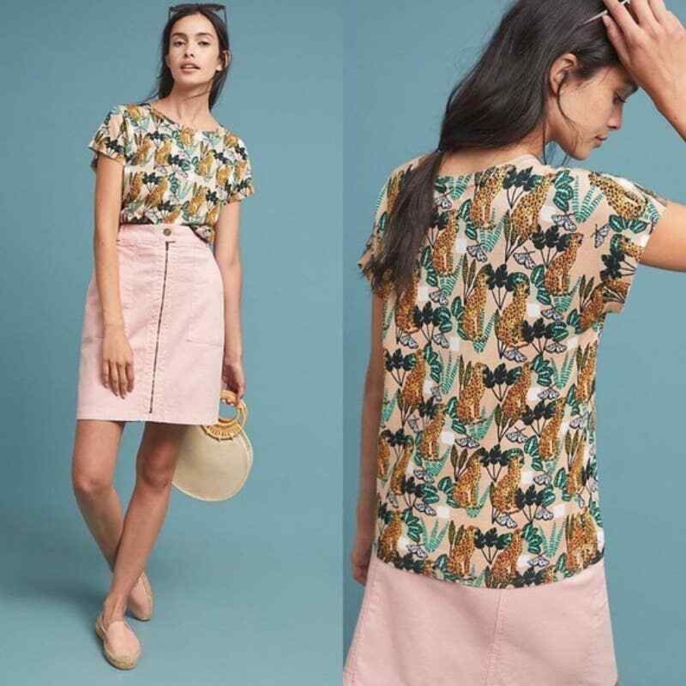 Anthropologie Multicolor Leaf Print Top - Green, Teal, Mustard on Cream
